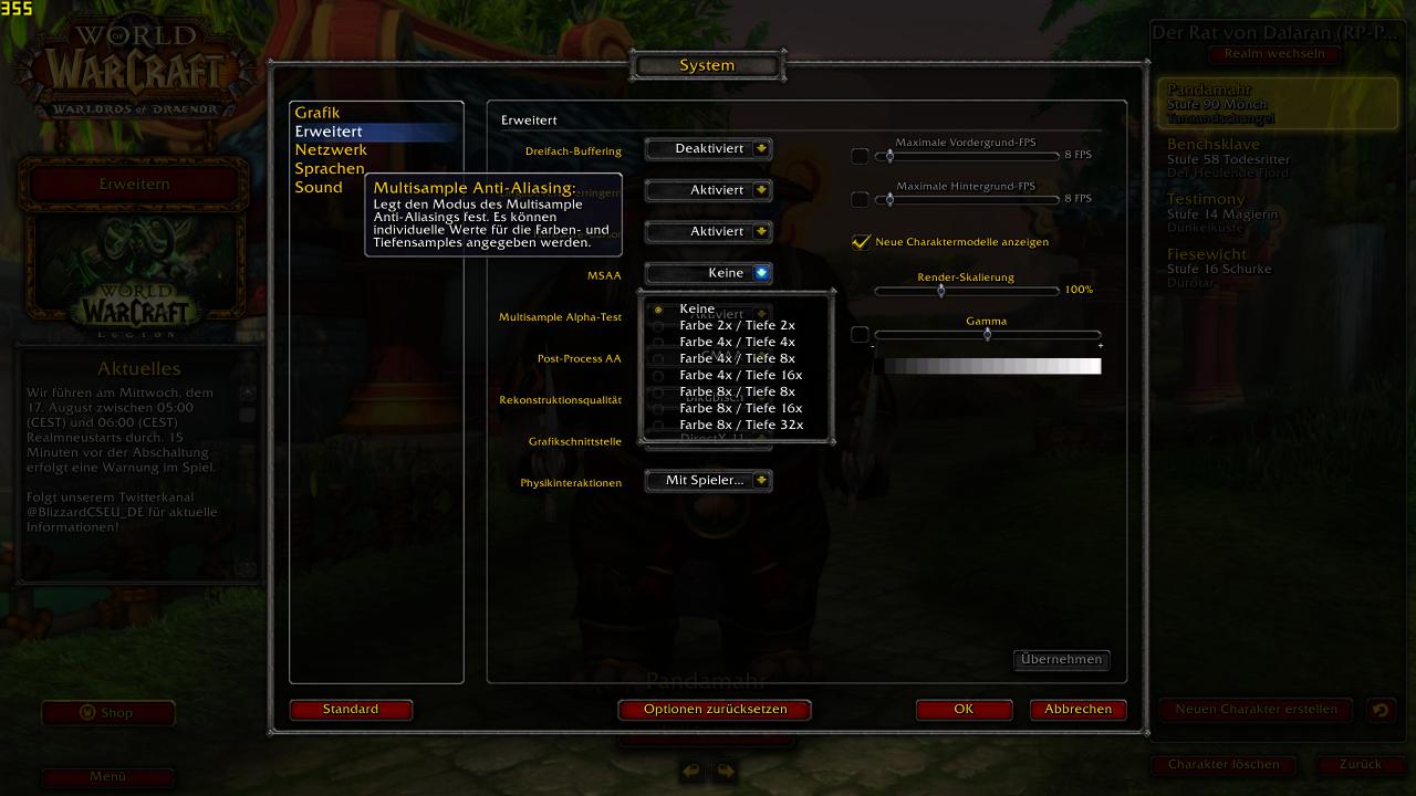 WoW Legion: erweitertes Grafikmenü - AA-Optionen