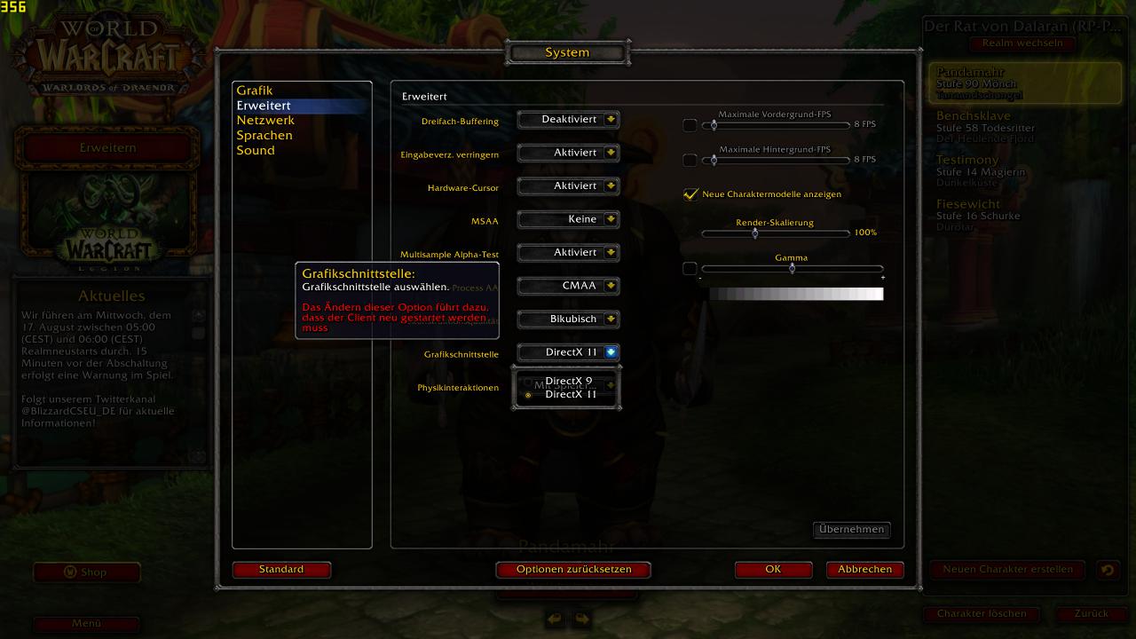 WoW Legion: erweitertes Grafikmenü - es stehen nach wie vor die APIs DX11 und DX9 zur Verfügung