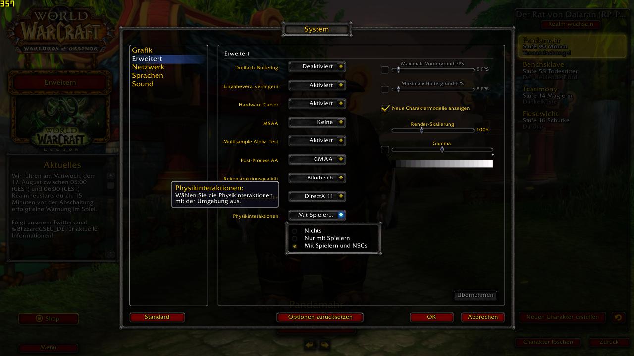 WoW Legion: erweitertes Grafikmenü - neue Option "Physikinteraktionen"