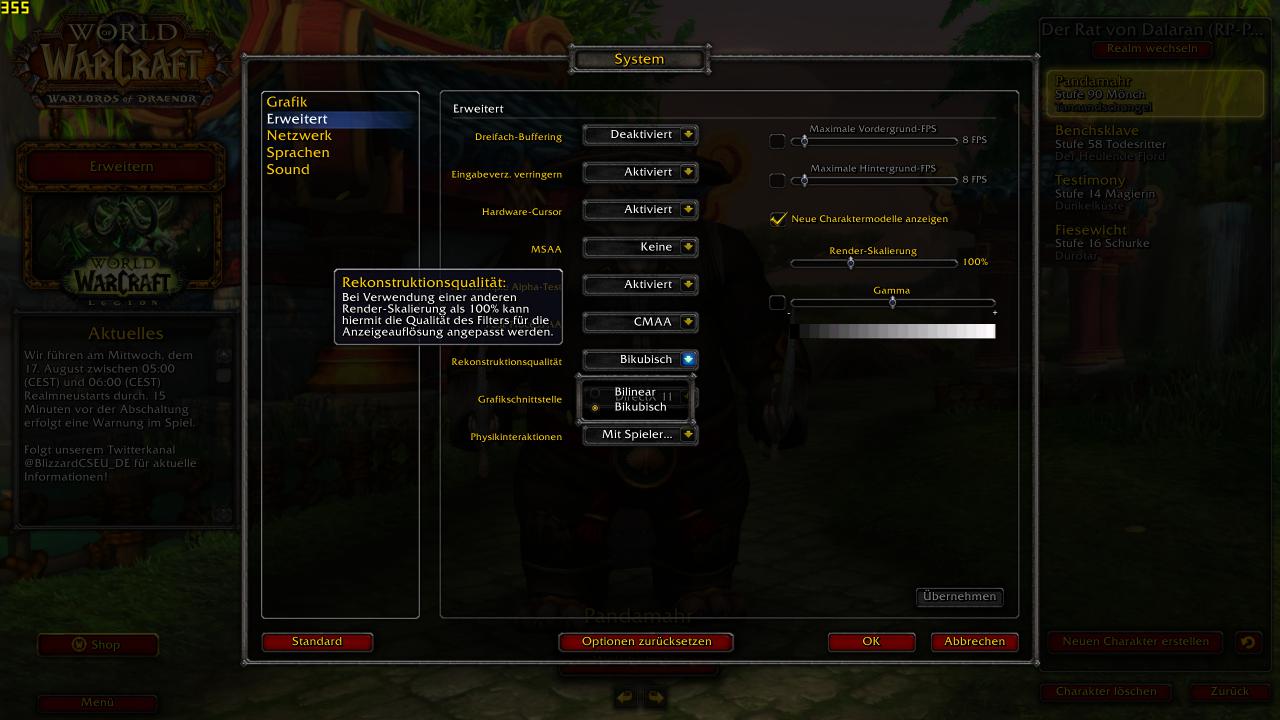 WoW Legion: erweitertes Grafikmenü - Rekonstruktionsqualität