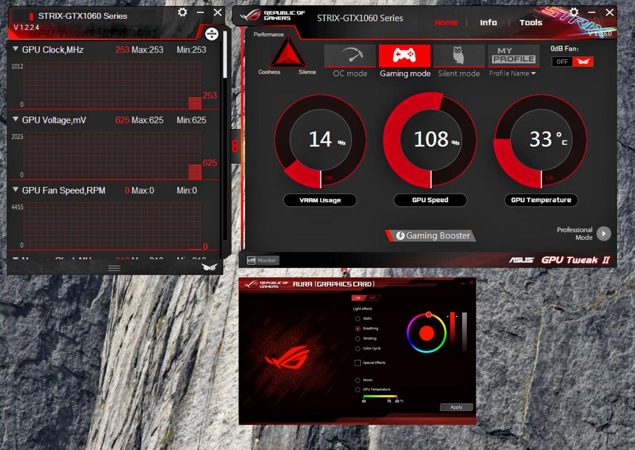 [09/11/2016] Die RGB-Beleuchtung der Asus GTX 1060 wird in der Aurora-Software festgelegt. Im Falle des gläsernen In Win 904 ist beispielsweise die Anzeige der GPU-Temperatur sinvoll.