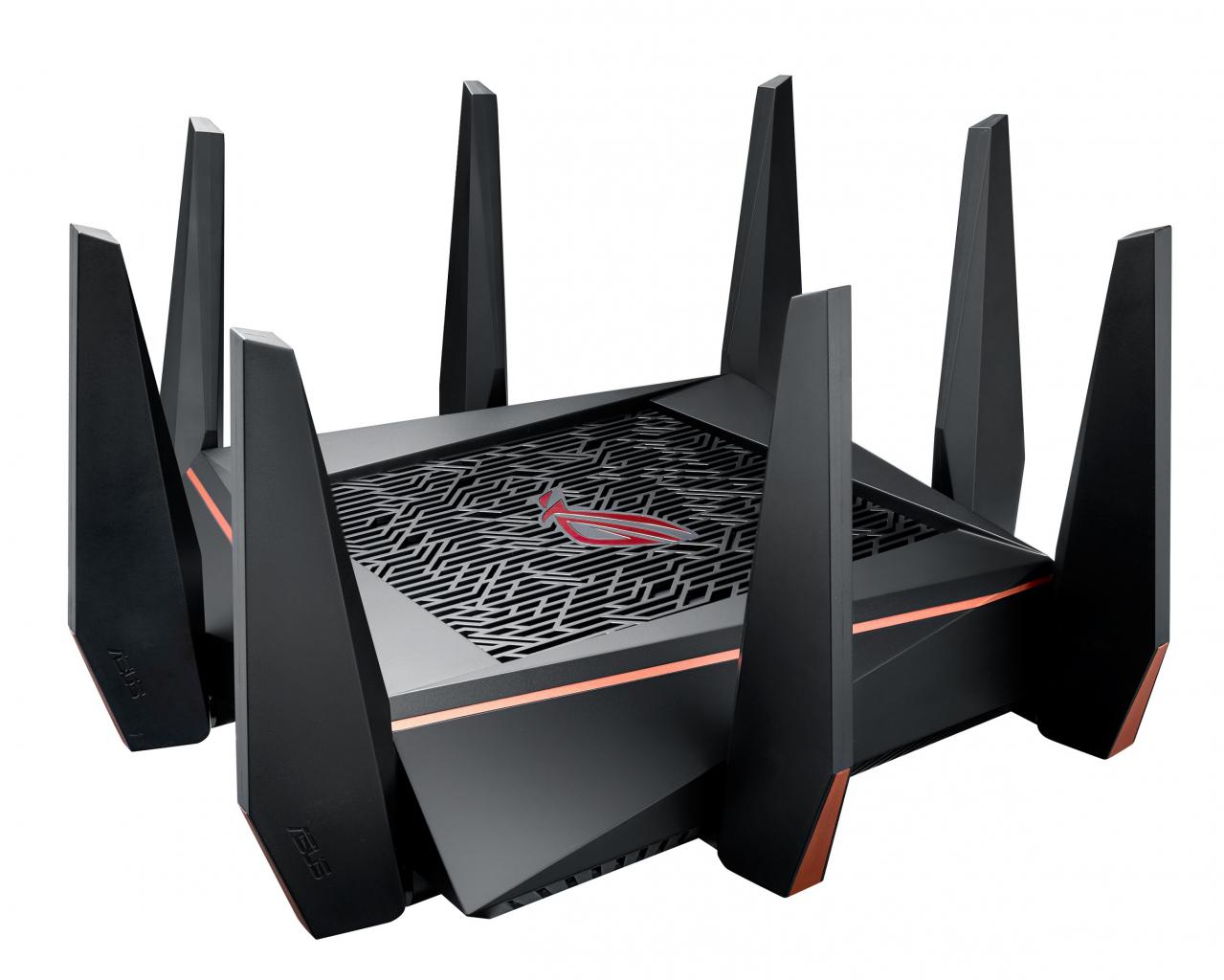 [06/01/2017] Der Gaming-Router ROG GT AC5300 bietet für zwei der acht LAN-Ports spezielle Gaming-Boosts, die über eine Quad-Core-CPU koordiniert werden.