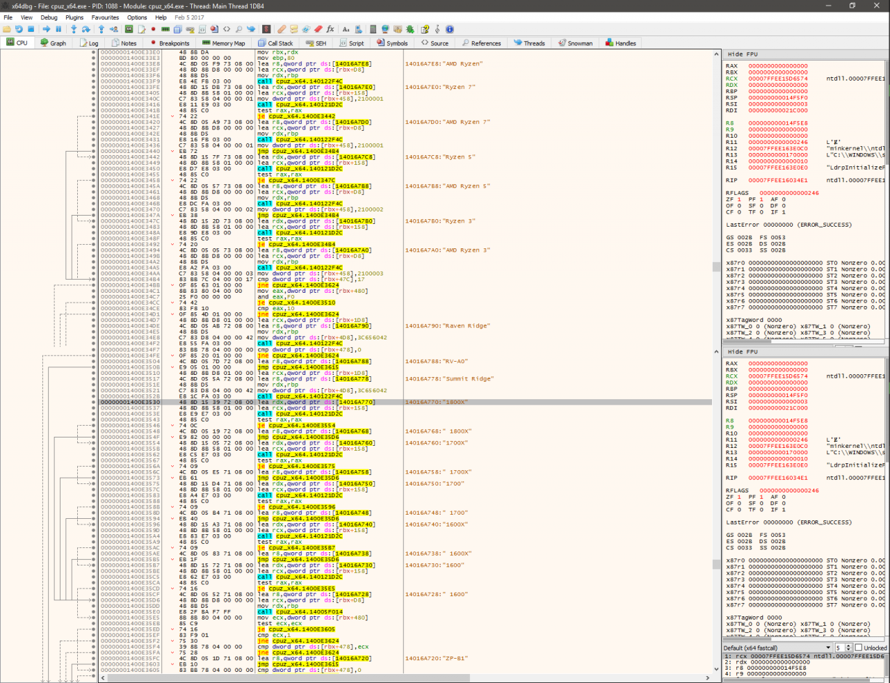 [18/02/2017] CPU-Z-Code in x64dg: Ryzen-Codenamen stimmen mit Gerüchten überein