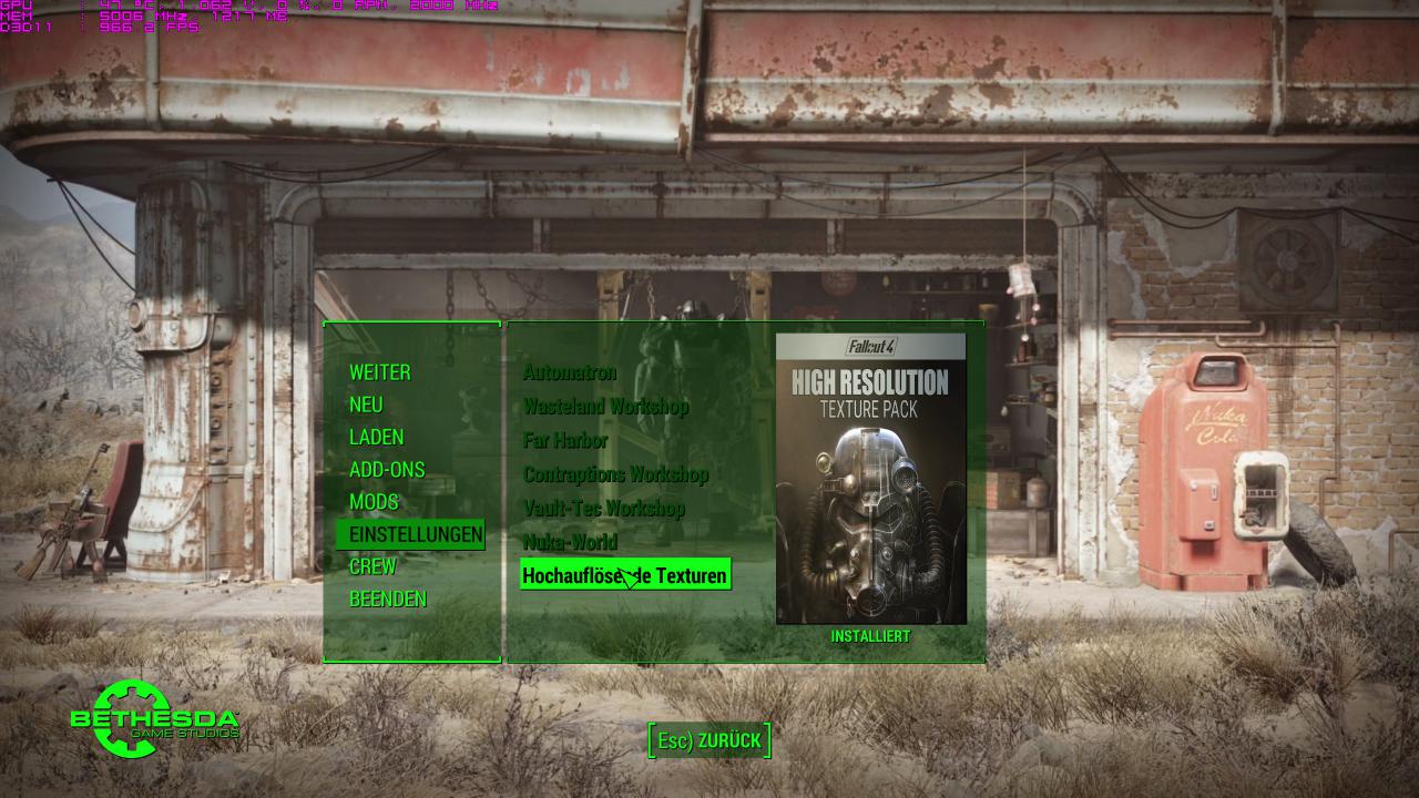 [07/02/2017] Fallout 4: Sie können auch im Spielmenü nachsehen, ob der Textur-DLC aktiv ist.