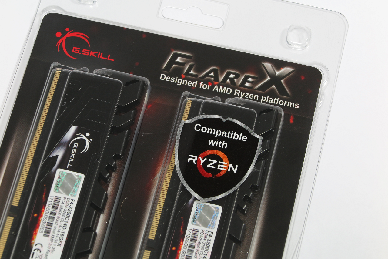 [11/04/2017] G.Skill Flare X (F4-3200C14D-16GFX): Die Flare-X-Serie ist für AMD Ryzen optimiert, worauf ein kaum zu übersehender Aufkleber hinweist