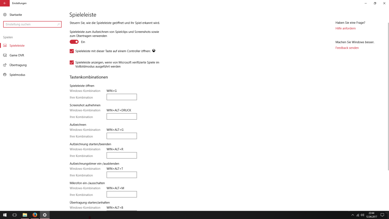 [12/04/2017] Microsoft erlaubt eigene Kürzel in der Spielleiste, die mit Win+G aufgerufen werden kann.