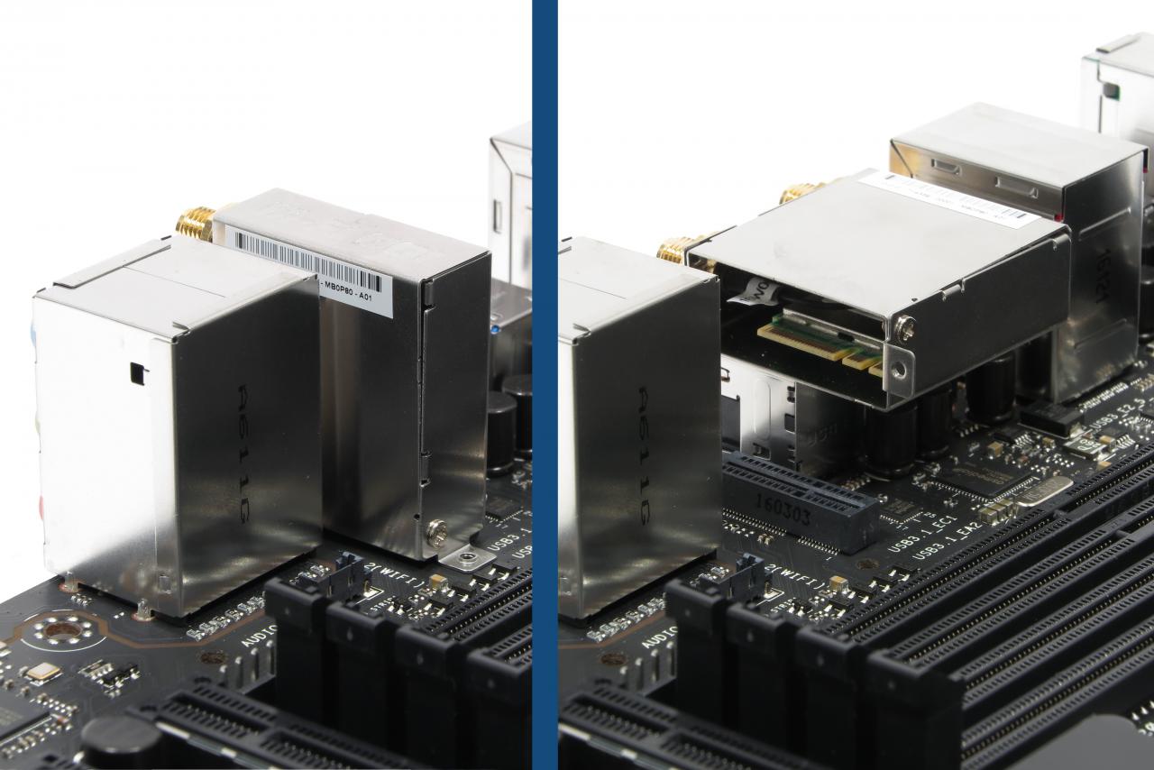 [23/05/2017] M.2-WLAN-Module mit vertikaler Ausrichtung finden sich vor allem auf Asus- und MSI-Mainboards. Der Steckplatz an sich ist physisch zum normalen e-Key kompatibel, aber die Befestigung der Platine nicht, was Nachrüstmöglichkeiten einschränkt.