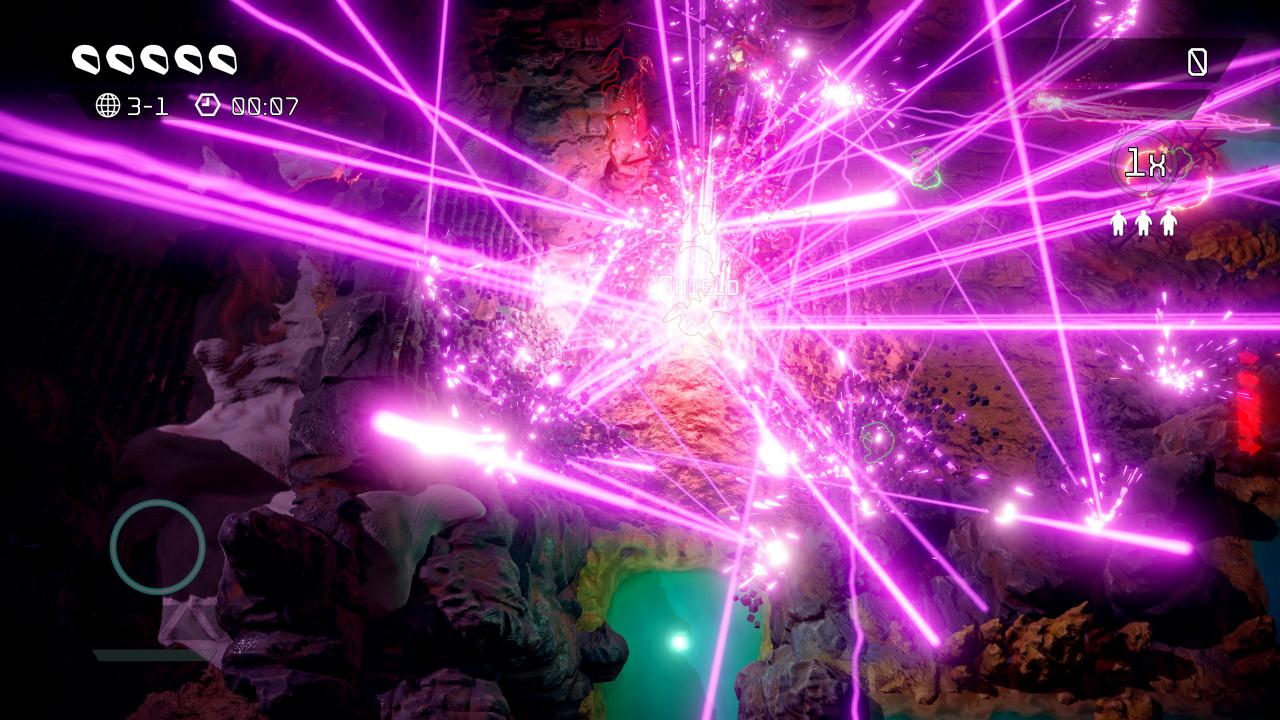 [27/06/2017] Nex Machina im Techniktest: Es sind Effekte wie dieser - am Fließband -, welche das Spiel sehenswert machen.