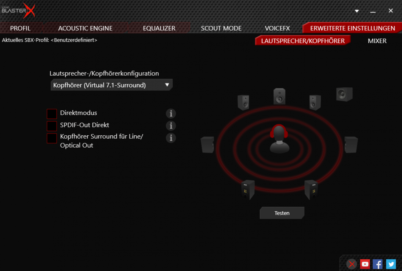 [30/06/2017] Bei einigen Soundkarten (hier: die Sound Blaster Acoustic Engine einer Creative Sound BlasterX G5) geschied dies bei der Wahl der Kopfhörerausgabe samt virtuellem Surround automatisch.