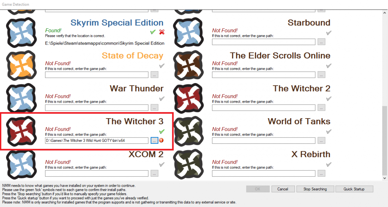 [26/07/2017] Der Nexus Mod Manager verweigerte in unserem Fall die Zusammenarbeit. Weder The Witcher 3 noch The Witcher 3 GOTY wurde gefunden. Selbst, nachdem wir den Pfad manuell ausgewählt hatten, funktionierte die Installation mit dem praktischen Manager nicht.
