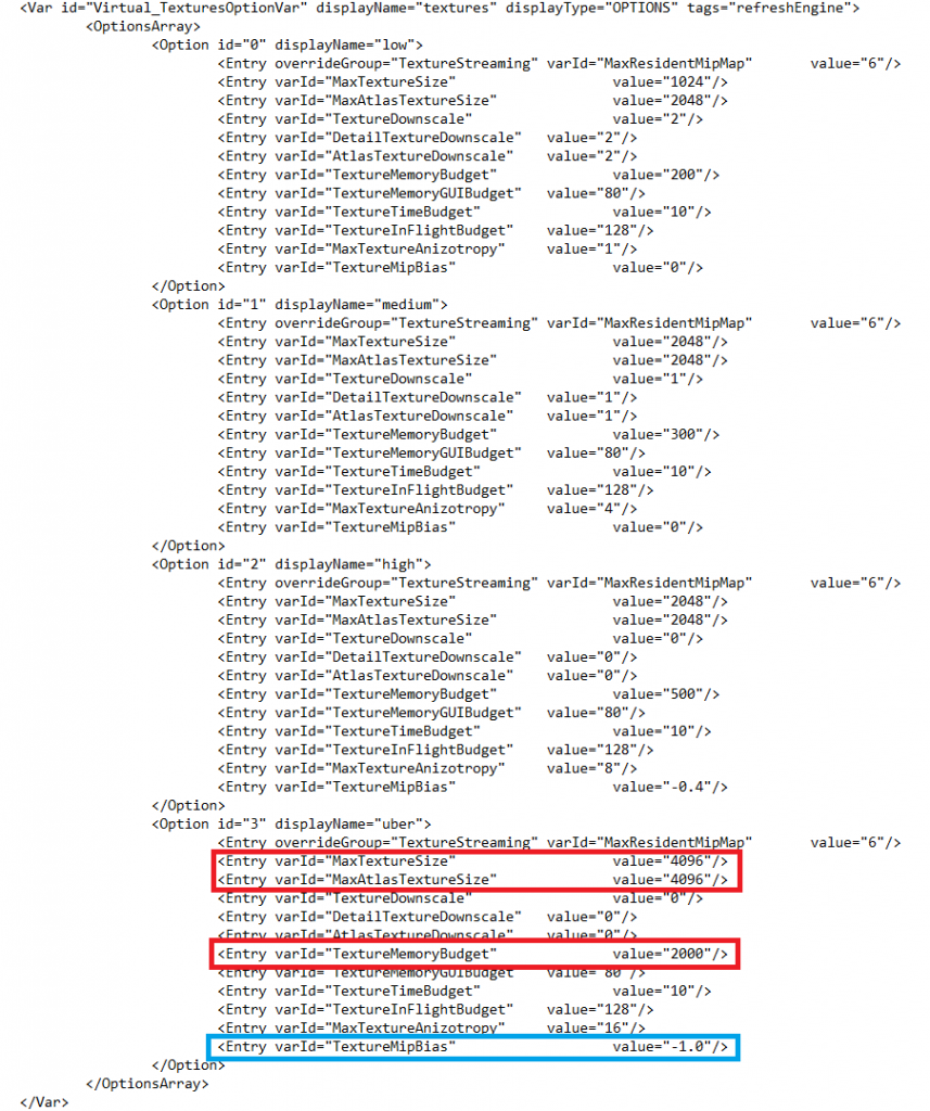 [26/07/2017] Doch der zweite Eintrag ist mindestens ebenso wichtig. Hier wird das Budget festgelegt, das The Witcher für die Texturen nutzen kann. Standard sind bei Ultra-Settings 800 MiByte. Diese Variabel hat den größten Einfluss bei der Texturqualität, das Spiel reduziert die Mip-Map-Stufe automatisch, sollte dieser Wert zu niedrig sein (oder Sie im Spiel eine niedrigere Qualitätsstufe gewählt haben; denn dann ist auch das Budget niedriger). Auch der Modder hat diesen Wert in der rendering.xml verändert, er wählte 