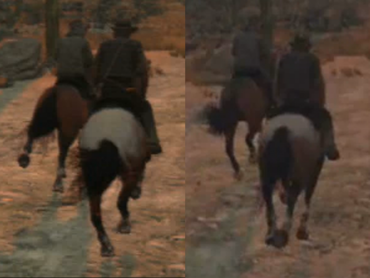 [04/09/2017] Red Dead Redemption: Hier nochmal der Detalvergleich von John Marston auf seinem Pferd. Im Stream fehlt viel Information, wie Patronengurt oder Pistole. Dadurch erscheint die Spielgrafik natürlich schlechter, als sie eigentlich ist.