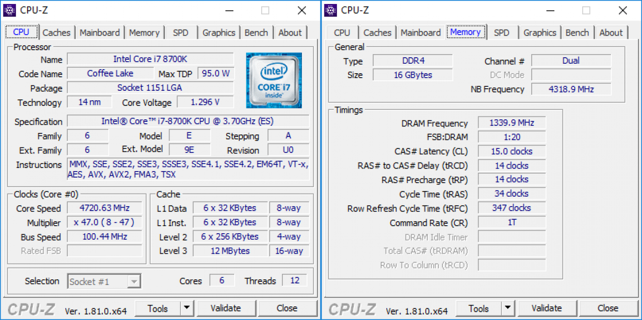 [05/10/2017] CPU-z: Intel Core i7 8700K mit dem ultra-kurzzeitigen Maximal-Turbo von 4,7 GHz
