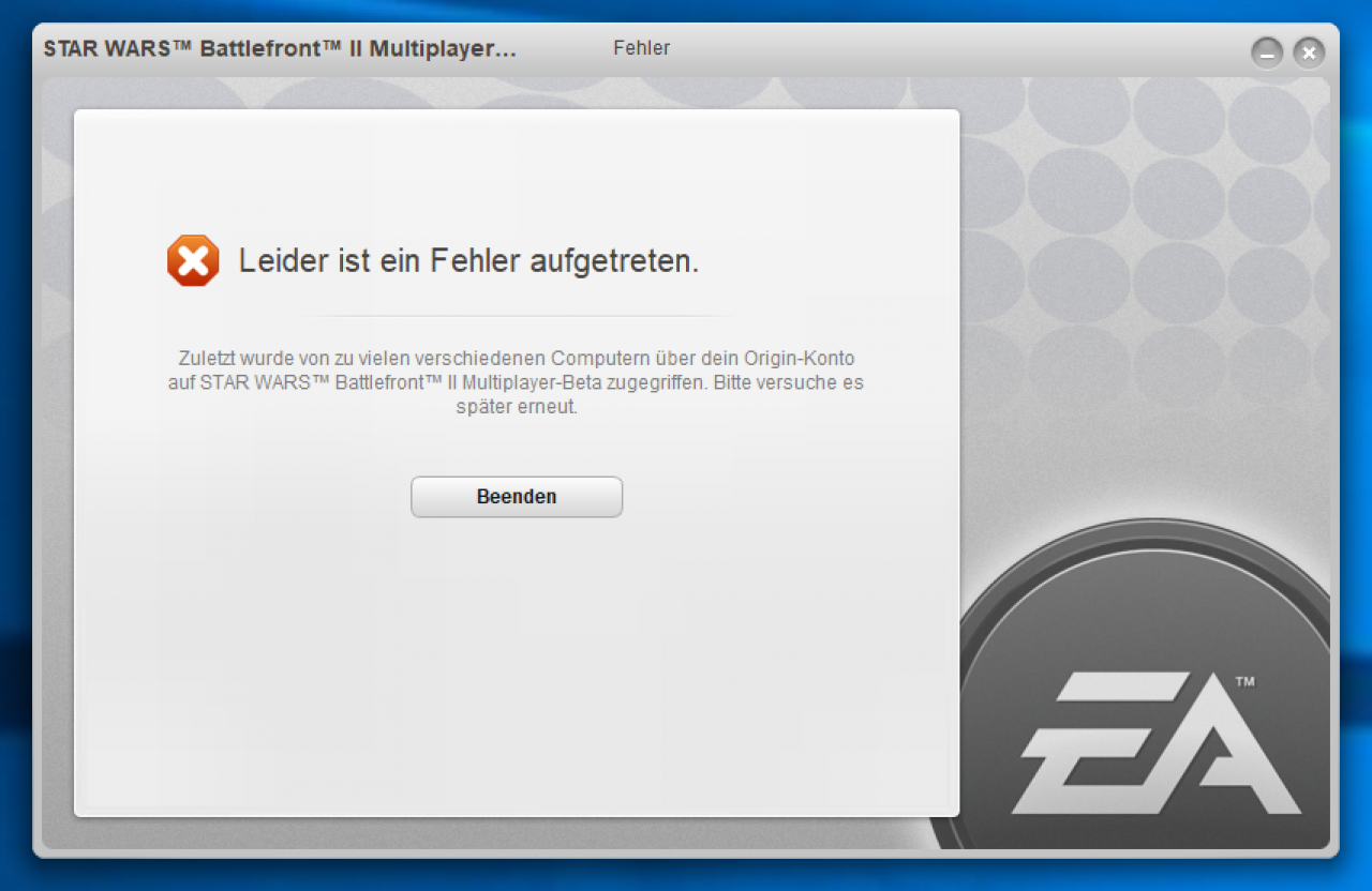 [04/10/2017] Star Wars Battlefront 2 Multiplayer Beta: Origin ist nicht gerade hilfreich beim Testen von Hardware – beim fünften Wechsel der Grafikkarte ist das Spiel auf diesem Account für viele Stunden dicht.