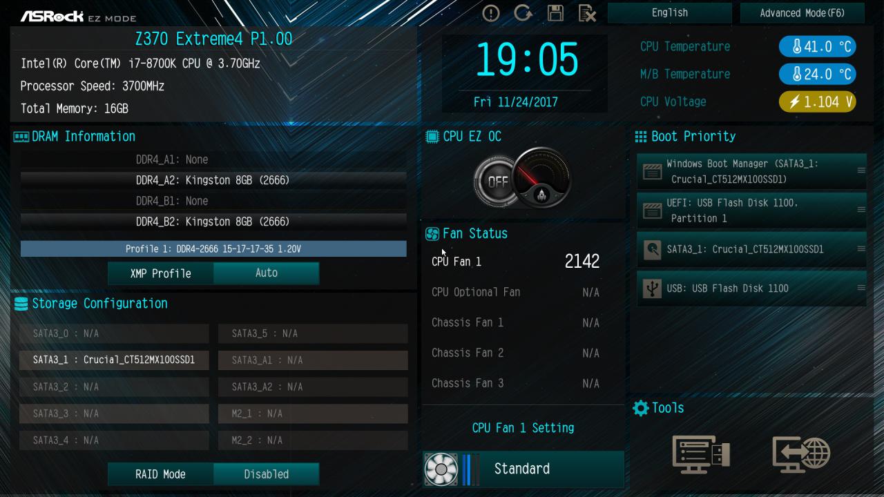 [24/11/2017] TDP richtig einstellen beim Asrock Z370 Extrem4: Zunächst wechseln wir mit F6 in den Advanced Modus ...