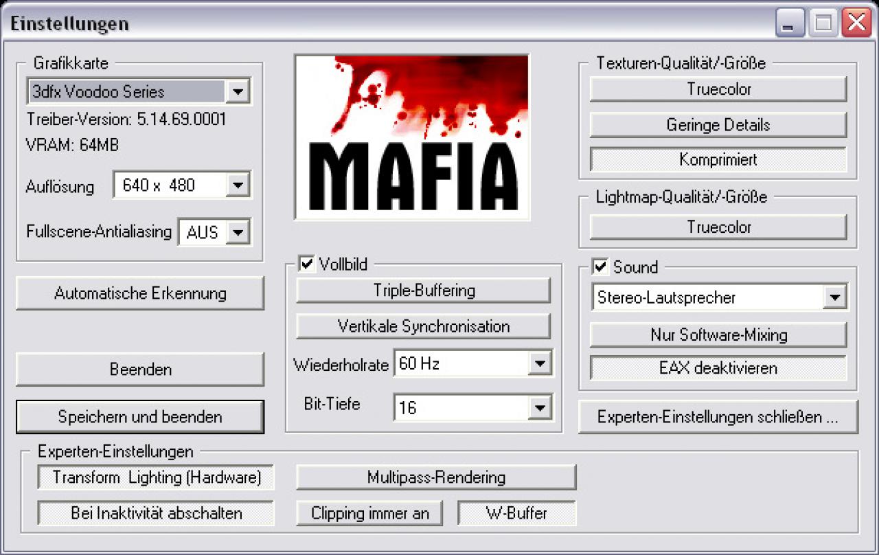 [22/12/2017] Mafia: Der spieleigene Launcher attestiert unserer modifizierten V5 64 MiB (pro VSA-100) - so soll es sein.