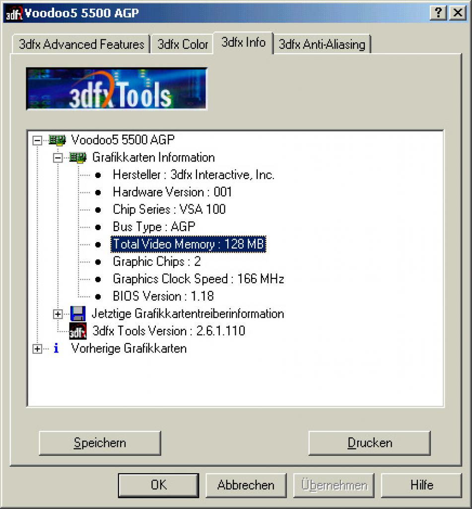 [21/12/2017] 3dfx Tools: Das Pendant zu den aktuellen Radeon Settings und der Nvidia-Systemsteuerung zeigt, dass die Speichermodifikation funktioniert hat.