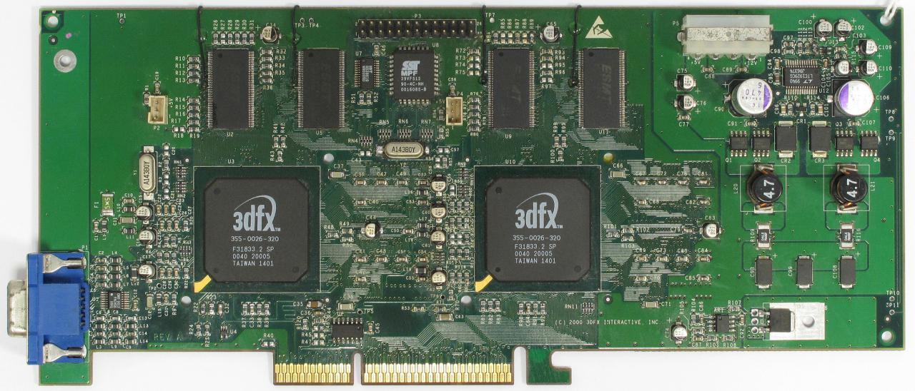 [21/12/2017] Voodoo 5 @ 128 MiB: Vorderseite. Der Platine fehlen Leitungen, um die doppeltkapazitiven SDR-SDRAM-Chips anzubinden, daher wurden diese manuell mittels Draht verlegt.