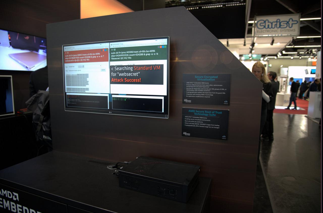 [01/03/2018] Epyc Embedded: Am AMD-Stand selbst lief eine Demo, in der die Verschlüsselung virtualisierter Prozesse (Secure Encrypted Virtualization) hervorgehoben wurde...