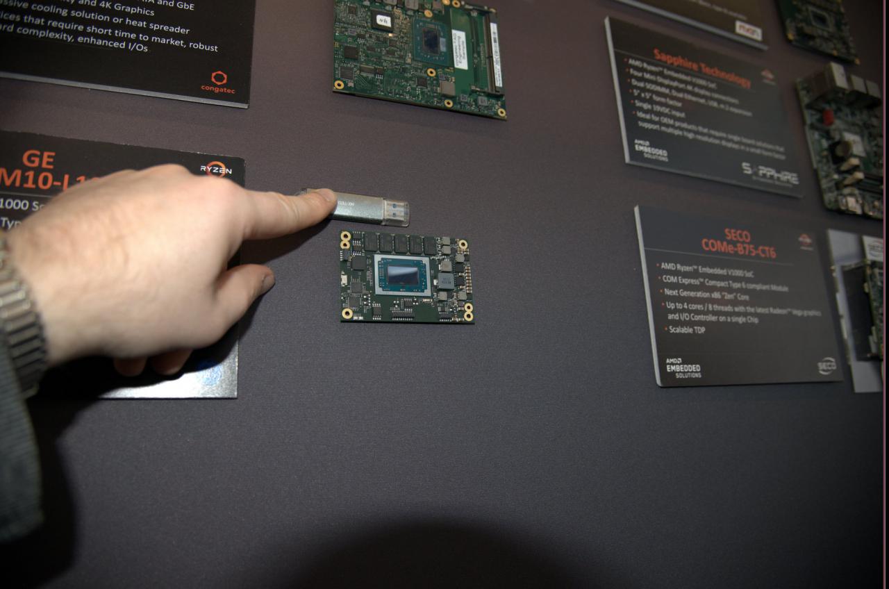 [01/03/2018] Ryzen Embedded: Das Com-Express-Mini-Modul Typ 10 entspricht in seinen Abmessungen einer handelsüblichen Visitenkarte. Der wohl kleinste Embedded Ryzen auf der Embedded World.