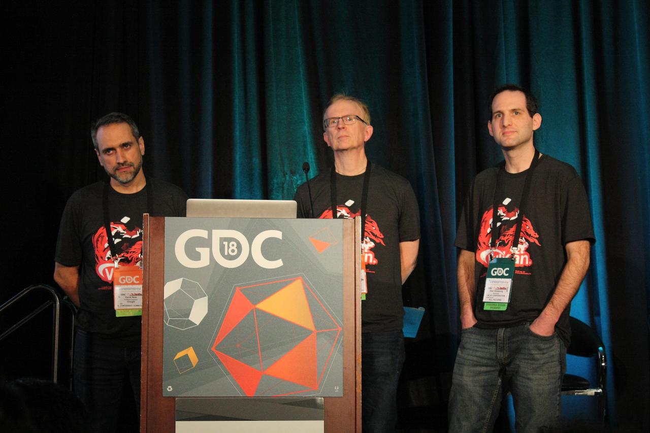 [22/03/2018] Von links nach rechts: David Neto (Google), Tom Olson (ARM) und Dan Ginsburg (Valve) lauschen Fragen aus dem GDC-Publikum. Neben ihrem regulären Job kümmern die drei sich um die Verbreitung und Verbesserung der Vulkan-Schnittstelle.