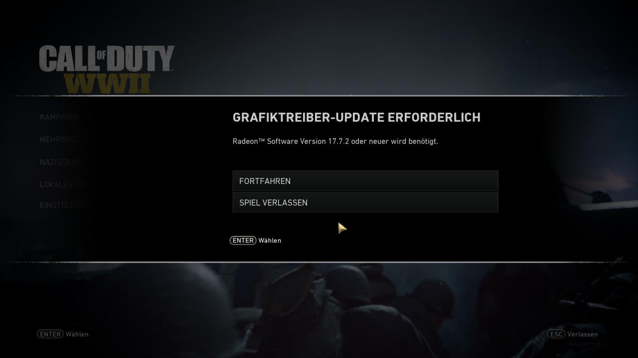 [11/05/2018] Call of Duty WW2 mit Radeon RX Vega M: Diese Warnung bezüglich des (scheinbar) veralteten Treibers kommt jedes Mal, wenn man das Hauptmenü betritt ...