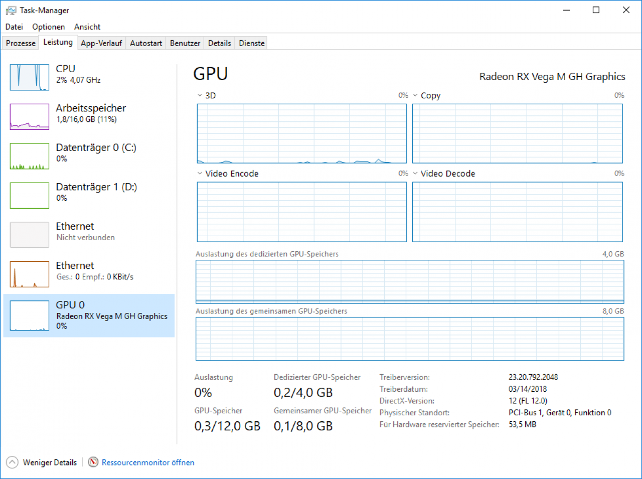 [11/05/2018] Radeon RX Vega M GH im Windows 10 1803 Task Manager: FL12 0 ist das Höchste der Feature-Gefühle.