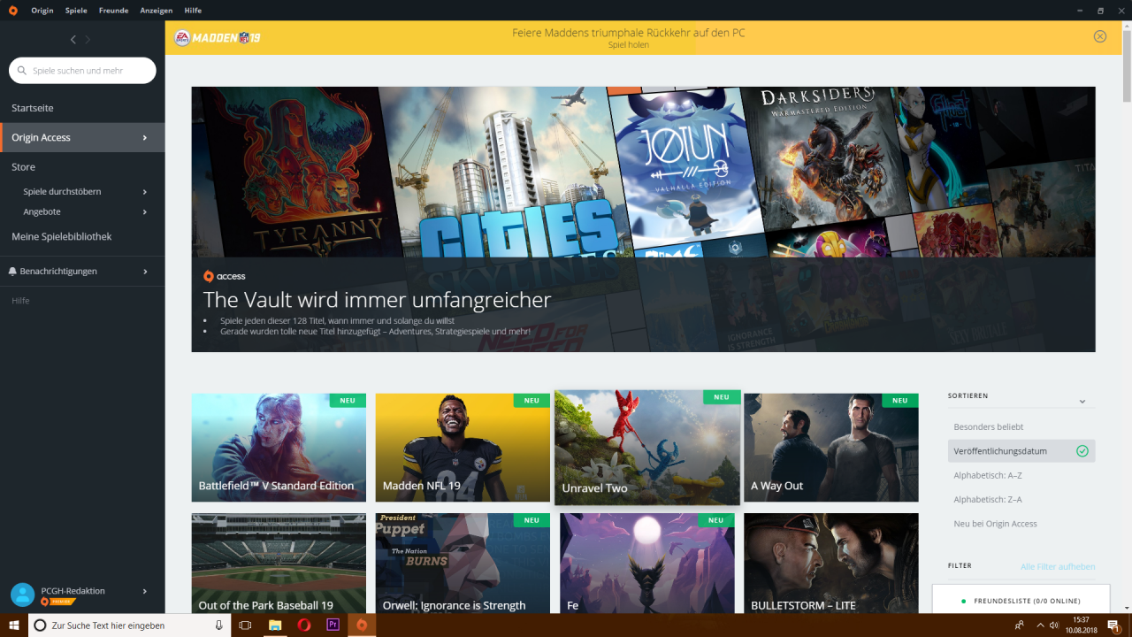 [10/08/2018] Der Startbildschirm in Origin, wenn man den 