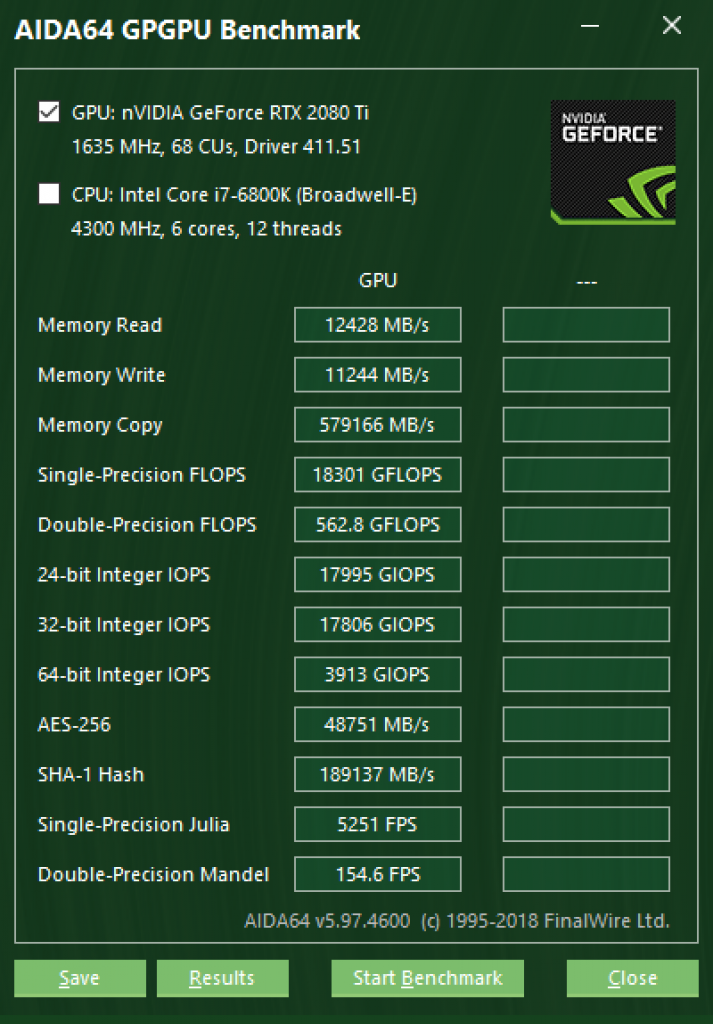 AIDA64 GPGPU Geforce RTX 2080 Ti 2100 7800 MHz