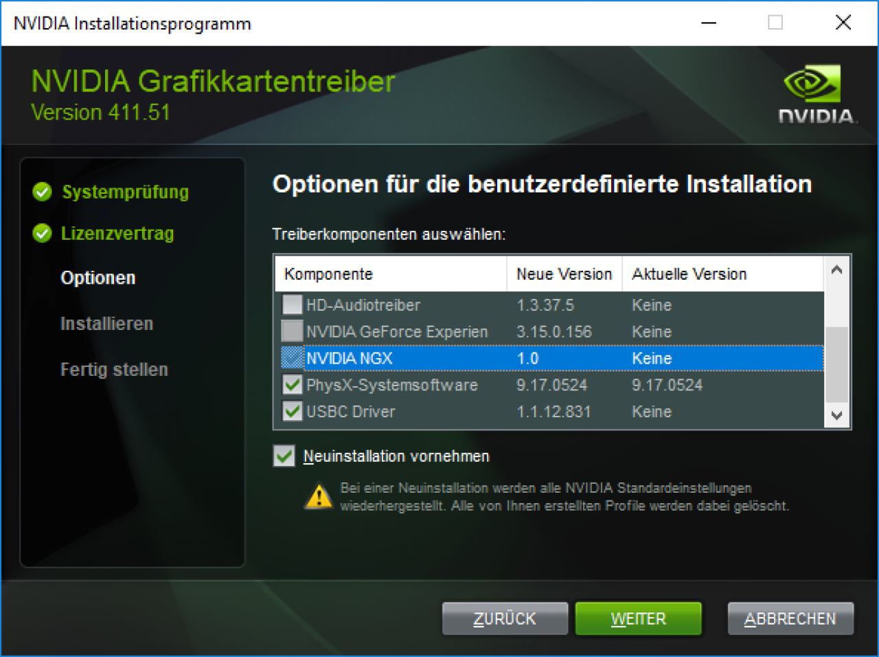 [19/09/2018] Bei der Treiberinstallation einer Geforce RTX begrüßen Sie zwei neue Optionen: das NGX Framework (für Tensor-Operationen wie DLSS) und ein USB-Typ-C-Treiber für den entsprechenden Ausgang
