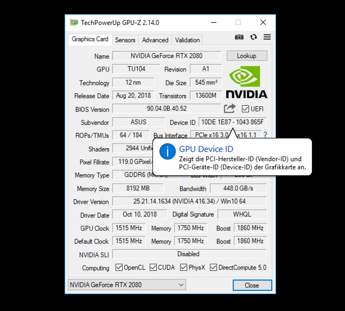 Asus Geforce RTX 2080 Turbo A GPU mit BIOS der Asus RTX 2080 Strix O8G