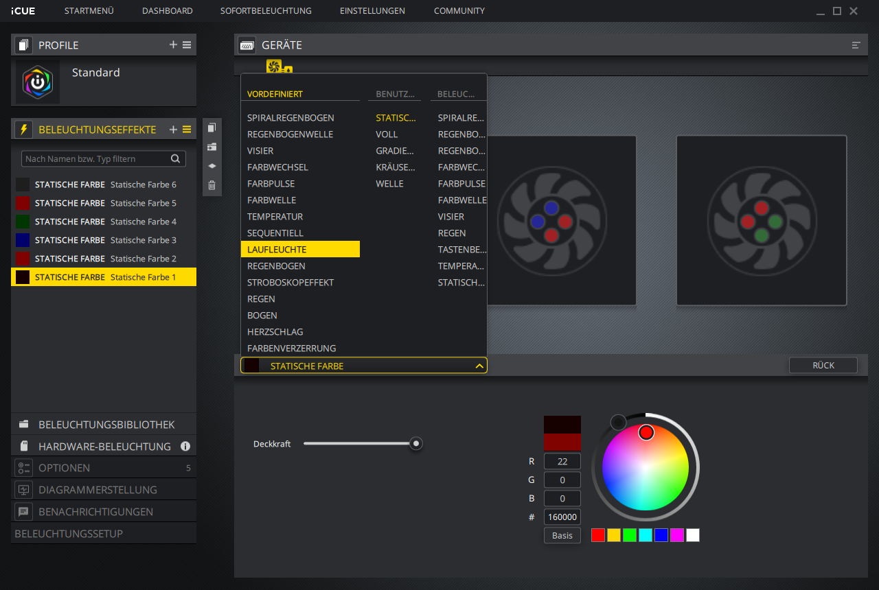 [31/10/2018] Corsair H100i RGB Platinum: Die vorgefertigten Effekte bieten reichlich Auswahl, wirklich spannend sind aber eigenhändige Konfigurationen.