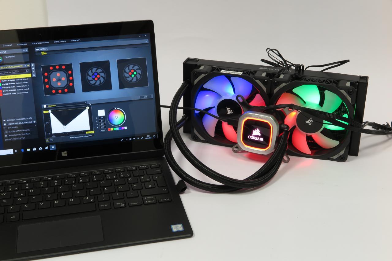 [31/10/2018] Corsair H100i RGB Platinum: Nicht nur Farbe und Helligkeit lassen sich für jede einzelne LED (oder beliebige Gruppen) frei definieren, sondern auch deren zeitliche Entwicklung