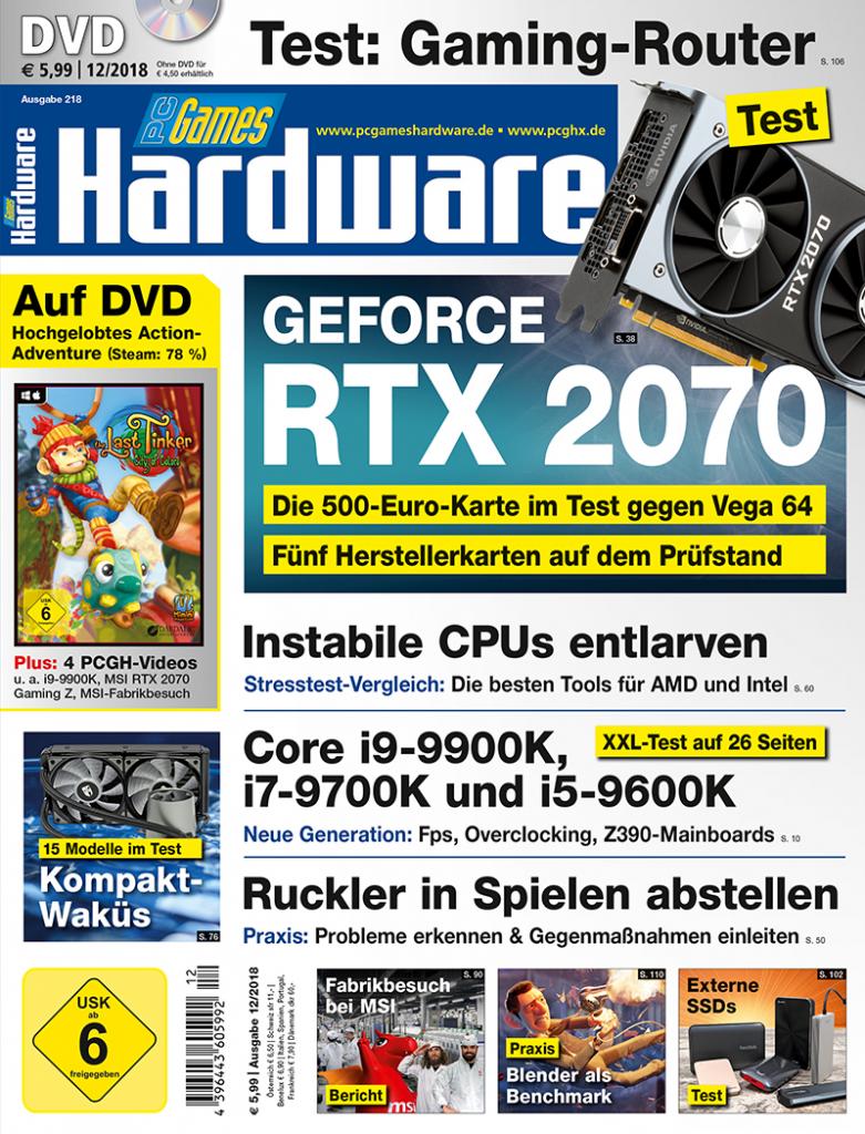 [02/11/2018] PCGH 12/2018 (#218): RTX 2070 - 5 Herstellerkarten im Test, instalbile CPUs entlarven, Schluss mit Rucklern, Im Test: Core i9-9900K, i7-9700K, i5-9600K & Z390 Boards sowie 15 Kompaktwasserkühlungen u.v.m. DVD-Vollversion: The Last Tinker (1)