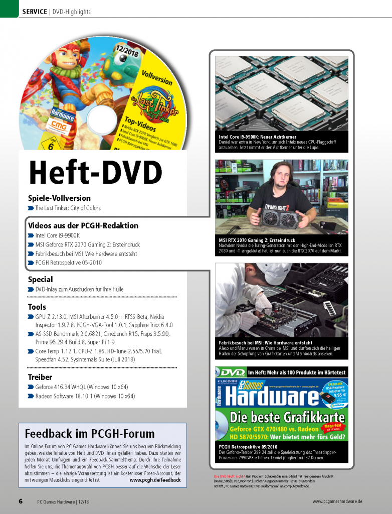 [02/11/2018] PCGH 12/2018 (#218): RTX 2070 - 5 Herstellerkarten im Test, instalbile CPUs entlarven, Schluss mit Rucklern, Im Test: Core i9-9900K, i7-9700K, i5-9600K & Z390 Boards sowie 15 Kompaktwasserkühlungen u.v.m. DVD-Vollversion: The Last Tinker (4)