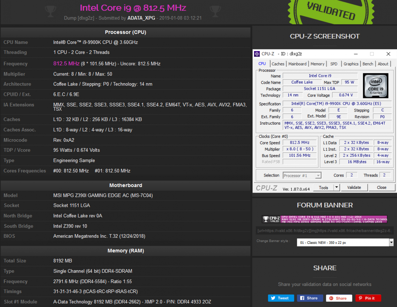 [08/01/2019] CPU-Z-Validation: 2.791,6 MHz (DDR4-5583)