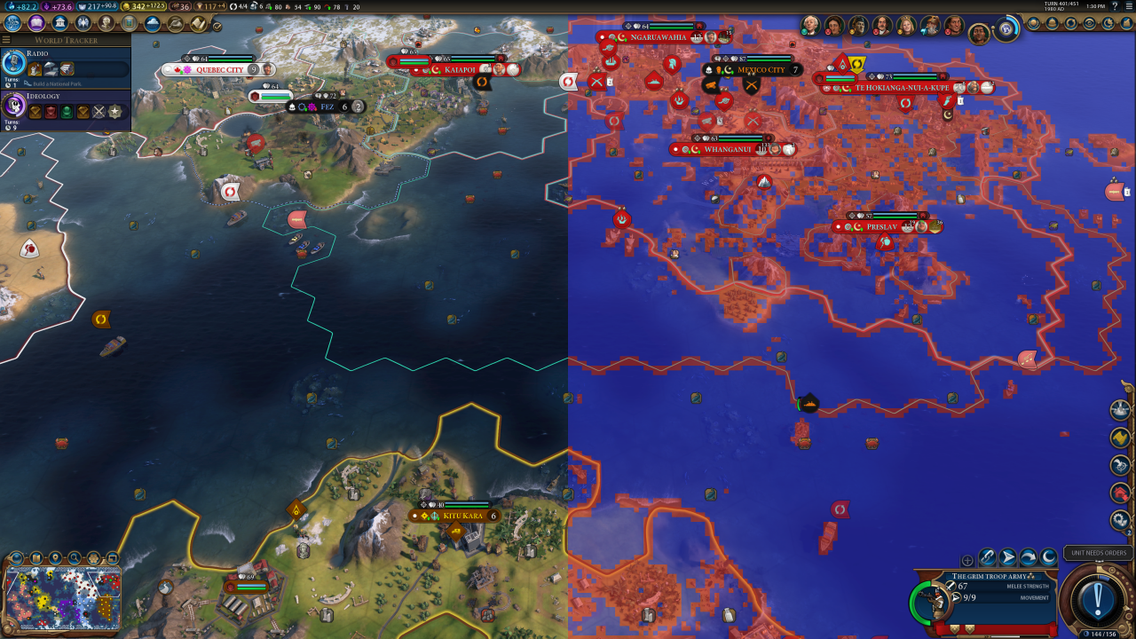 [19/03/2019] Variable Rate Shading in Civilization 6: Tier 2 (links an, rechts die Präzisionsdarstellung; blau = 2×2, rot = 1×1)