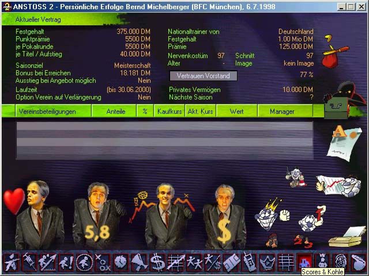 [29/04/2019] 1997: Anstoss 2:&nbsp;Wieder ein Titel aus der Software-Schmiede Ascaron und wieder eine Wirtschaftssimulation aus Deutschland. Die Anstoss-Reihe erblickte bereits 1993 das Licht der Welt, konnte aber 1997 dank Spielwitz, Komplexität und dem Spielmodus „echt Managerkarriere“ überzeugen. Wieder übernahm als Manager man die Geschicke eines Fußballvereins.