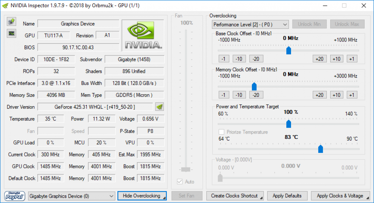 [17/04/2019] Geforce GTX 1650: Informationen aus dem Nvidia Inspector. Die Karte nutzt den neuen TU117-Chip in A1-Revision (Shot von einer Gigabyte GTX 1650 Gaming OC).