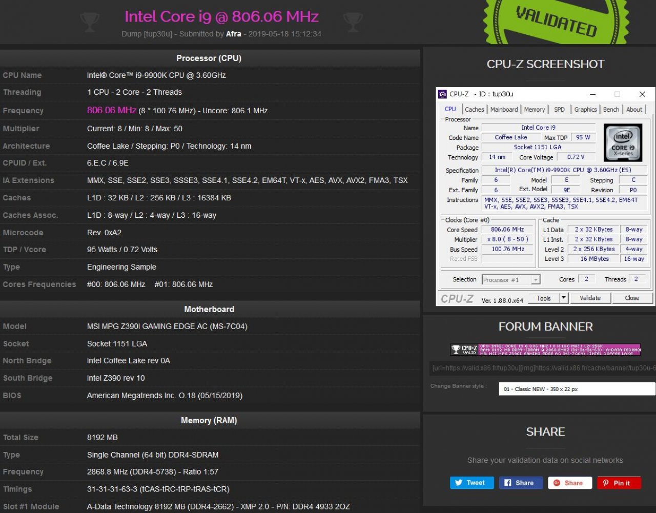 [20/05/2019] CPU-Z-Validation: 2.868,8 MHz (DDR4-5738)
