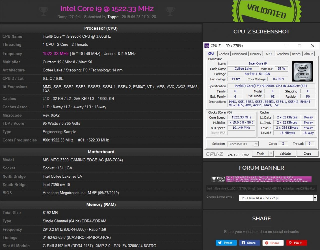 [29/05/2019] CPU-Z-Validation: 2.943,2 MHz (DDR4-5886)
