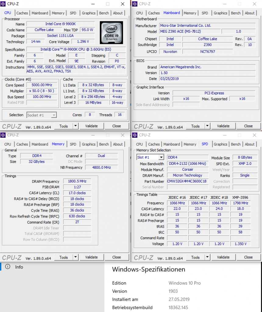 [13/06/2019] Das PCGH-Grafikkarten-Testsystem 2019/2020: Intel Core i9-9900K (8C/16T) @ 5,0 GHz, 32 GiByte Corsair Vengeance DDR4-3600, MSI MEG Z390 Ace, Windows 10 x64 1903 (finale Einstellungen)
