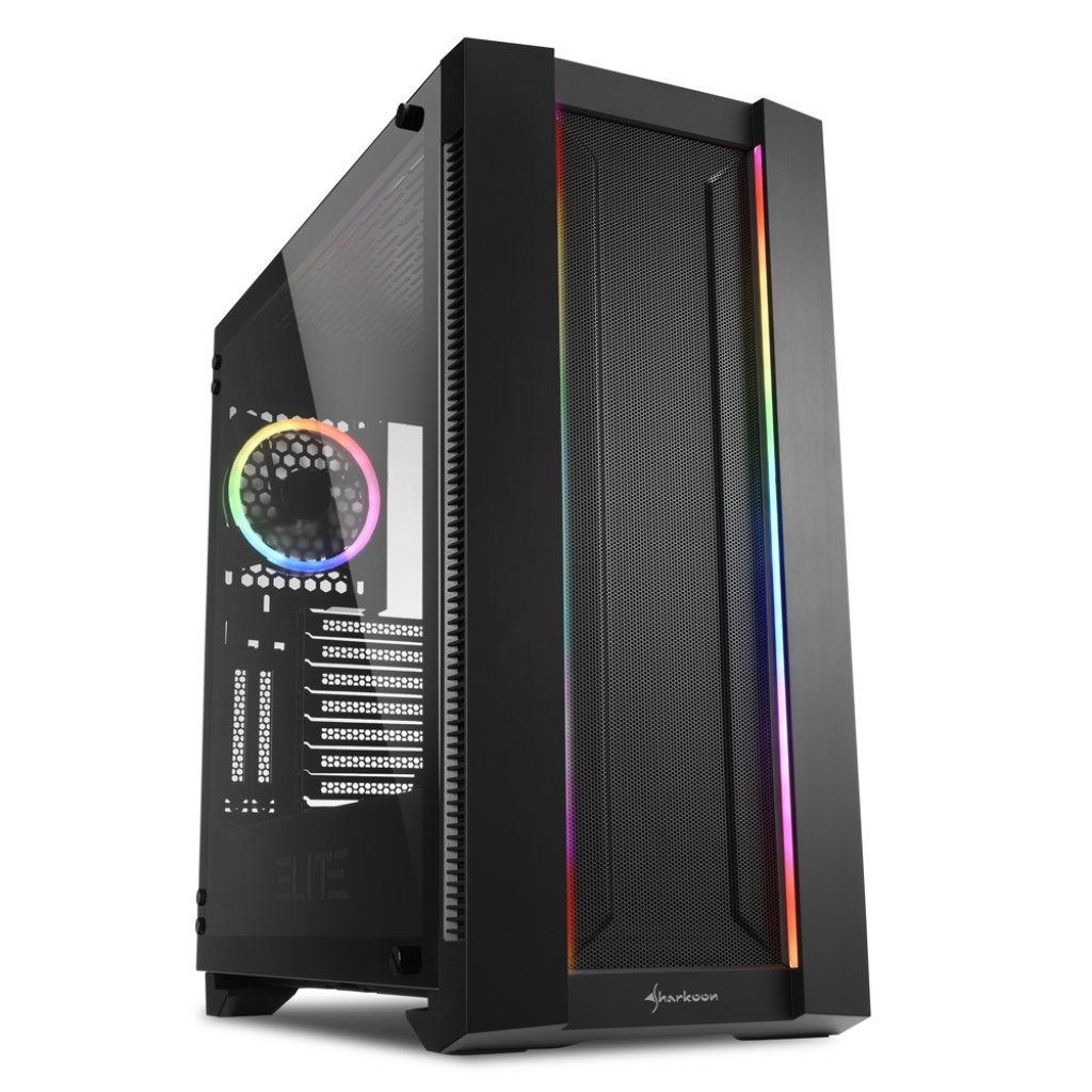 [30/06/2019] Das Elite Shark CA200 von Sharkoon bietet für 119 Euro eine Glaswand, dezente RGB-Beleuchtung und reichlich Platz für Grafikkarte, Netzteil und Kühlung. (1)