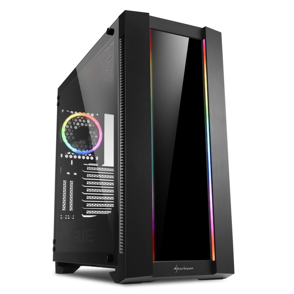 [30/06/2019] Das Elite Shark CA200 von Sharkoon bietet für 119 Euro eine Glaswand, dezente RGB-Beleuchtung und reichlich Platz für Grafikkarte, Netzteil und Kühlung. (2)