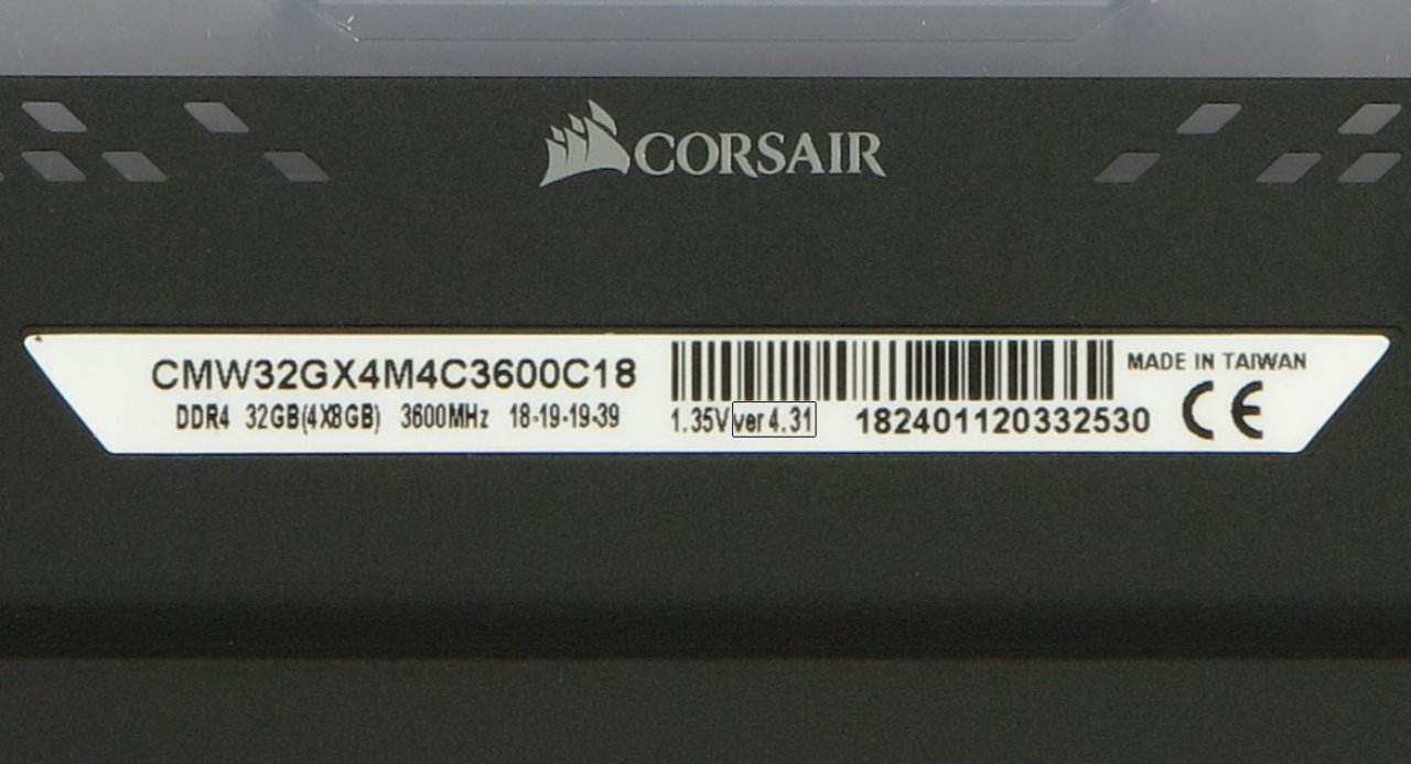 [14/07/2019] Corsair Vengeance RGB Pro CMW32GX4M4C3600C18: Die Produktnummer ist identisch, aber die zusätzliche Versionsnummer gibt einen Hinweis auf die abweichenden Speicherchips. Die Samsung-Variante ist als 