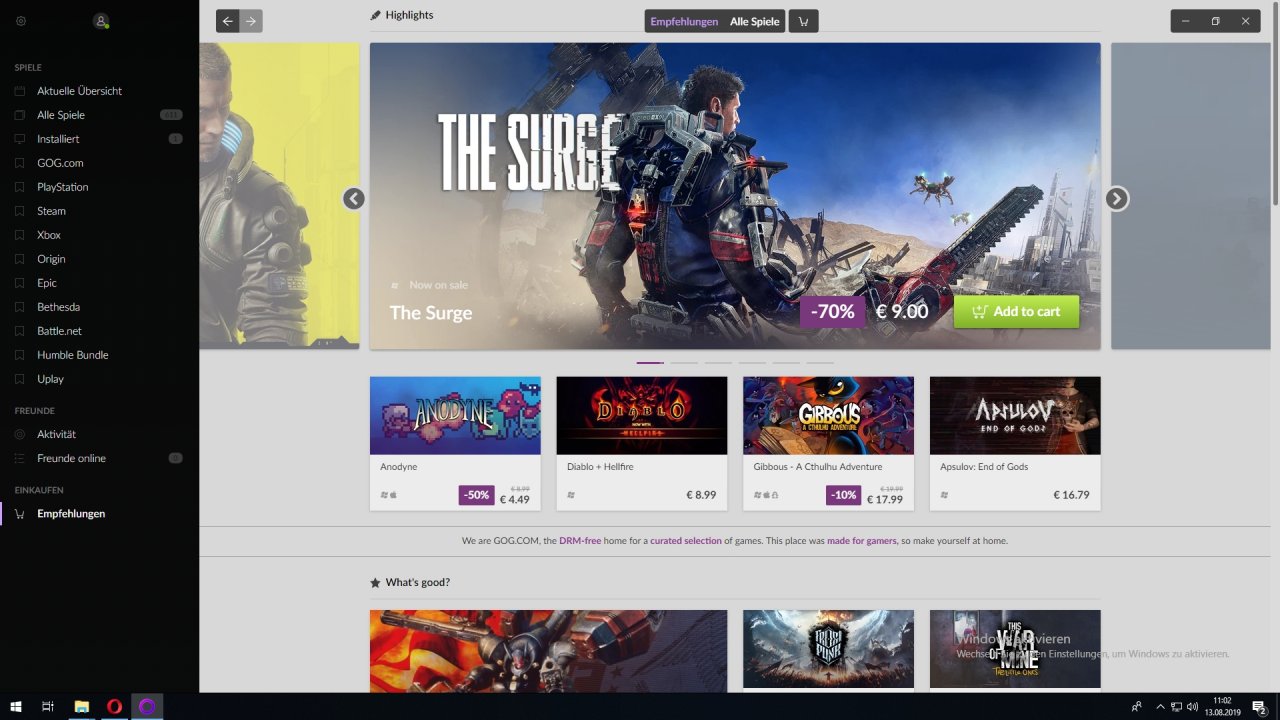 [13/08/2019] Gog Galaxy 2.0: Shopfront in Gog Galaxy 2.0. Sollte man dies nicht wünschen, kann man in Zukunft den Store ausblenden.
