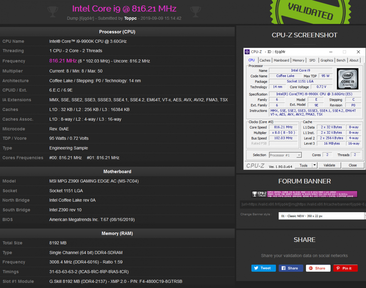 [10/09/2019] CPU-Z-Validierung: 3.008,4 MHz (DDR4-6017)