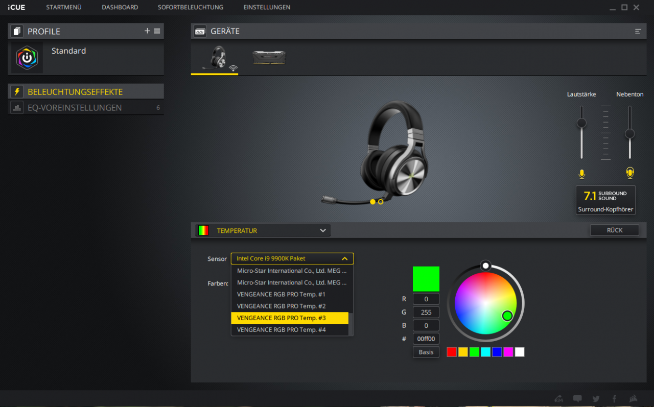 Corsair Virtuoso RGB Wireless SE - iCUE-Software - RGB-Temperatur