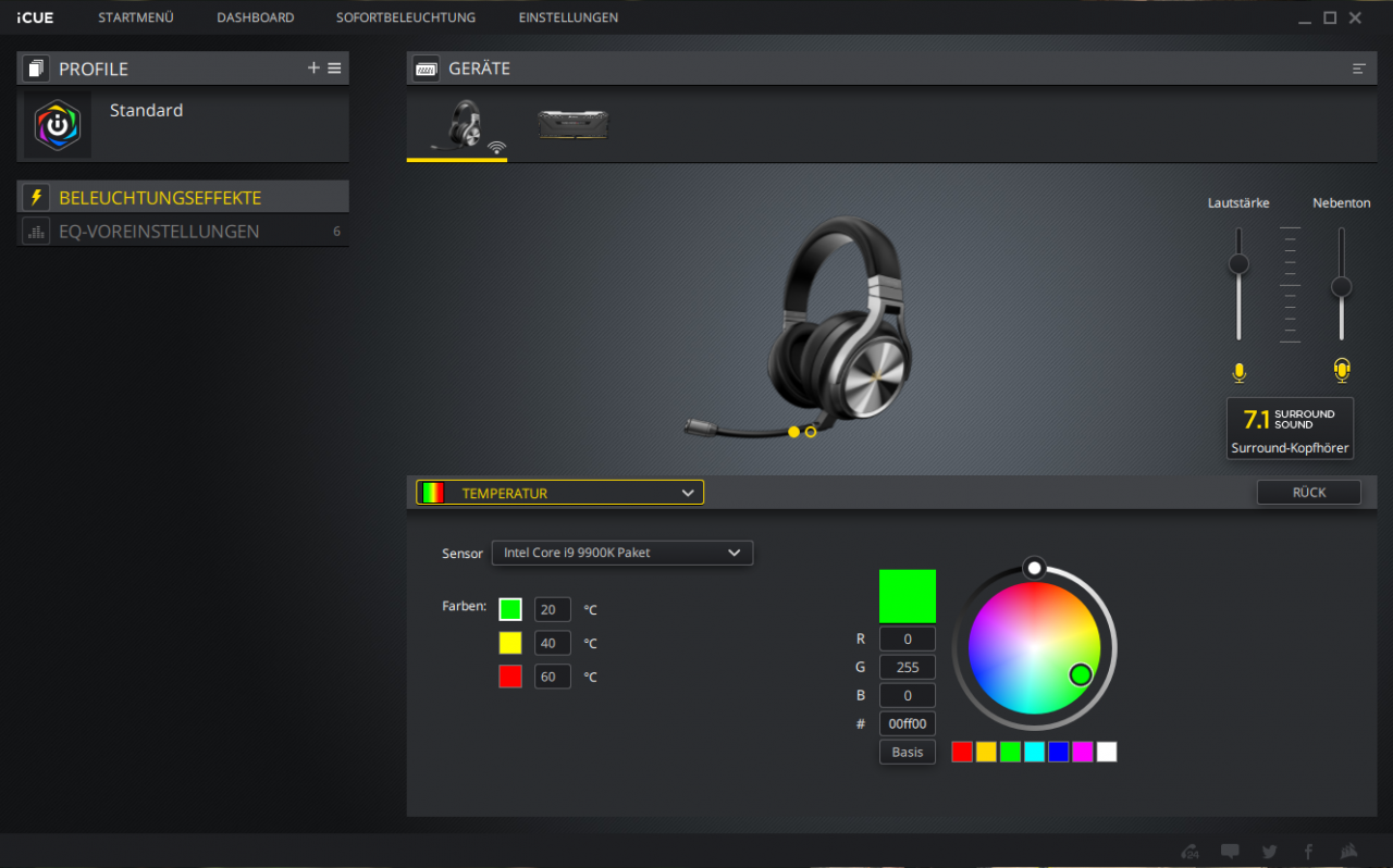 Corsair Virtuoso RGB Wireless SE - iCUE-Software - RGB-Temperatur CPU