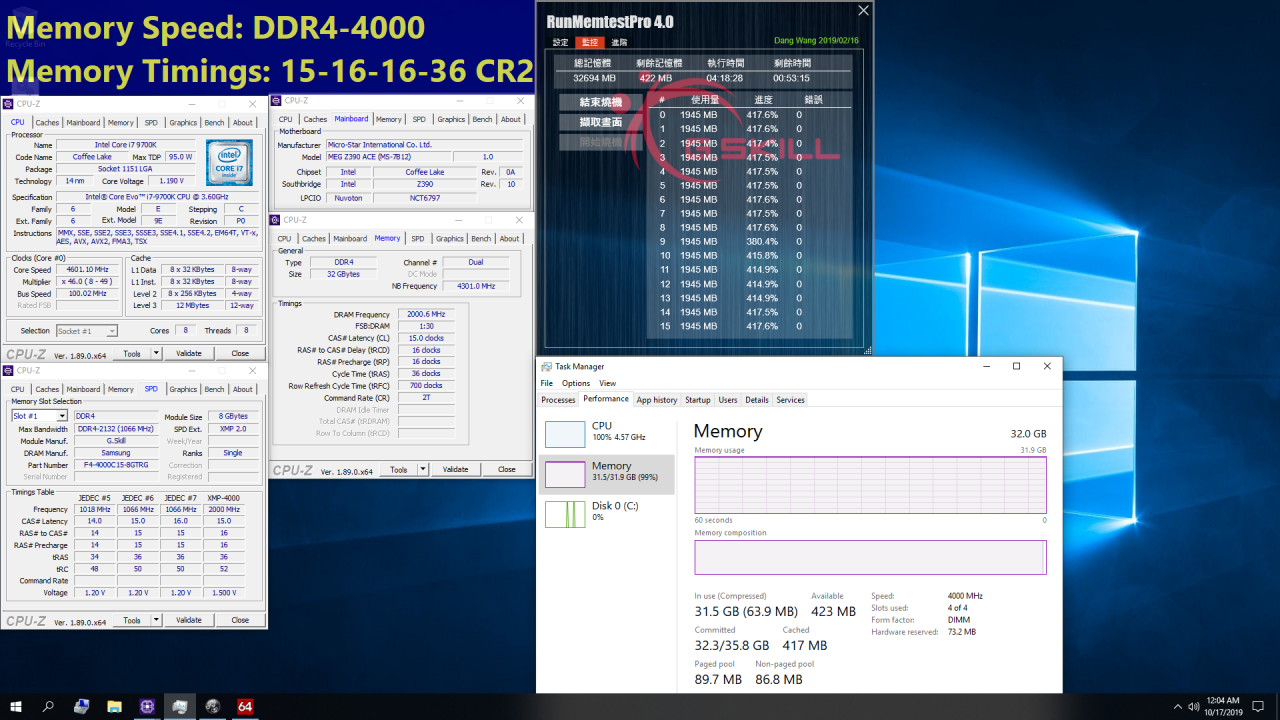 [18/10/2019] Bestandener Stabilitätstest mit Intel-System (Core i7-9700K, MSI MEG Z390 Ace)